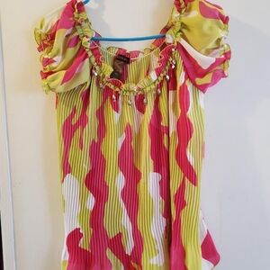 Womens multiples bright green pink summer shirt with jewels medium